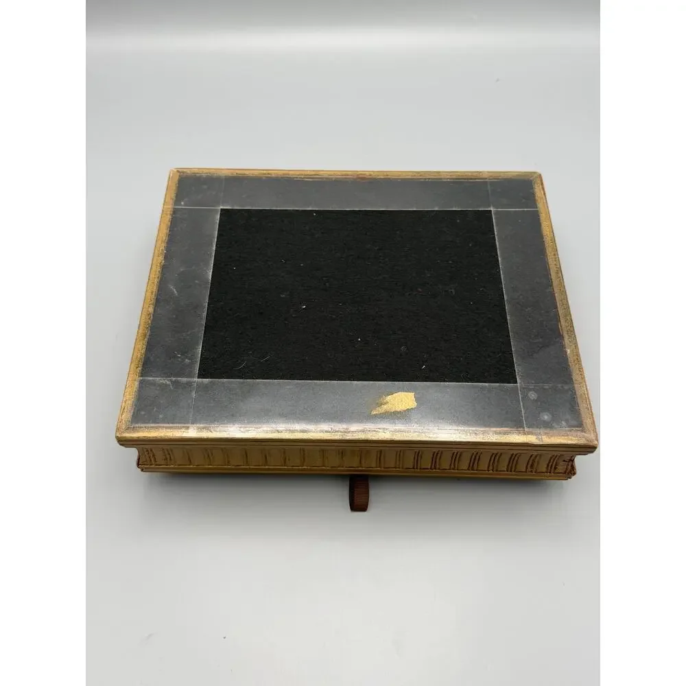 Gilt Wood Mirrored Jewelry Box Framed Pastoral Art Divided Vanity Keepsake